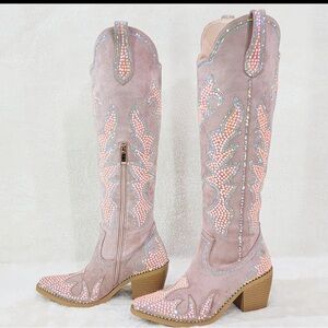 Sparks Country Western Cowgirl Knee Boots Dazzleing Iridescent Rhinestones Pink